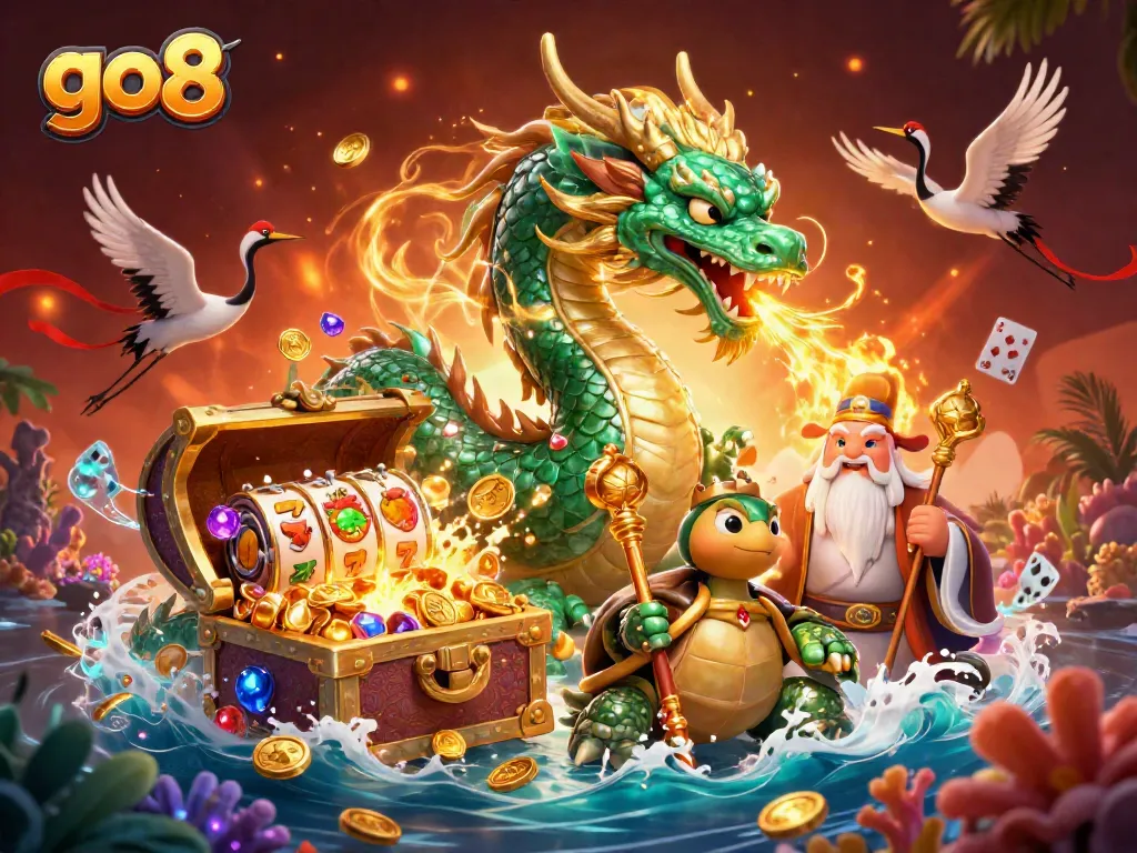 Engage in thrilling gameplay with go8 at a vibrant casino scene featuring lucky symbols and treasures.