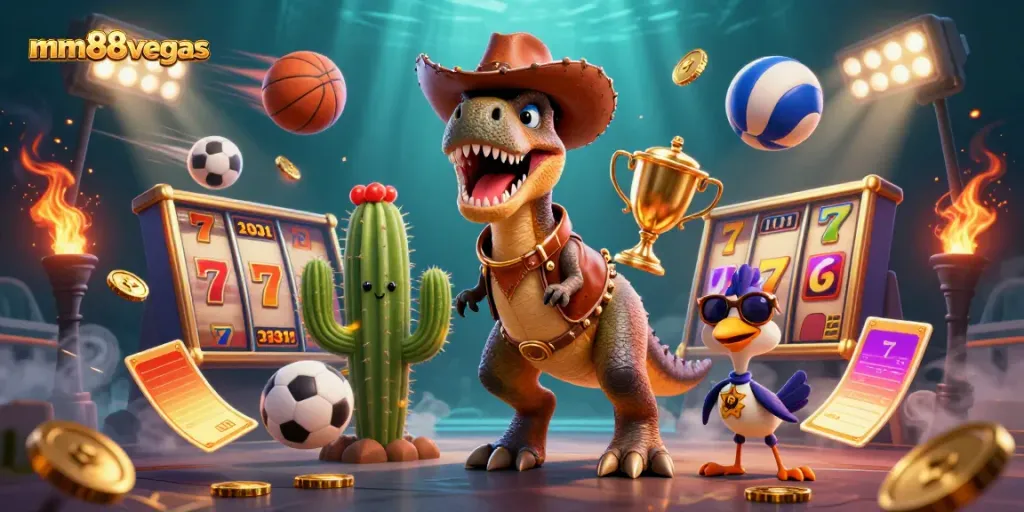 Experience vibrant action at mm88vegas featuring T-Rex, cactus, and roadrunner in a bustling casino scene.