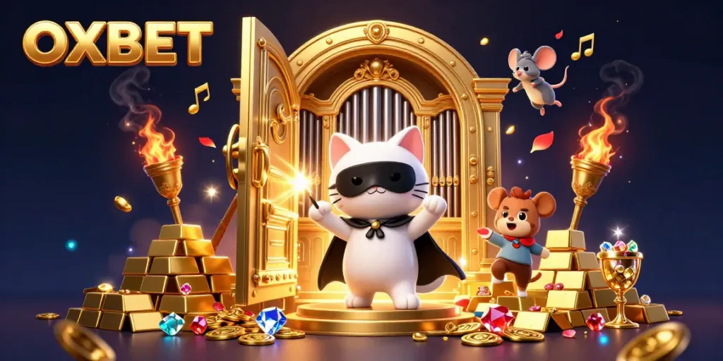 Engage with OXBET in an ultra-detailed casino scene featuring a charming phantom cat and wealth of treasures.