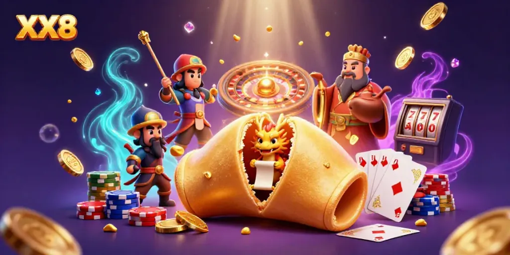 Spin the roulettes and win with the mystical elements of XX8-themed casino illustration.