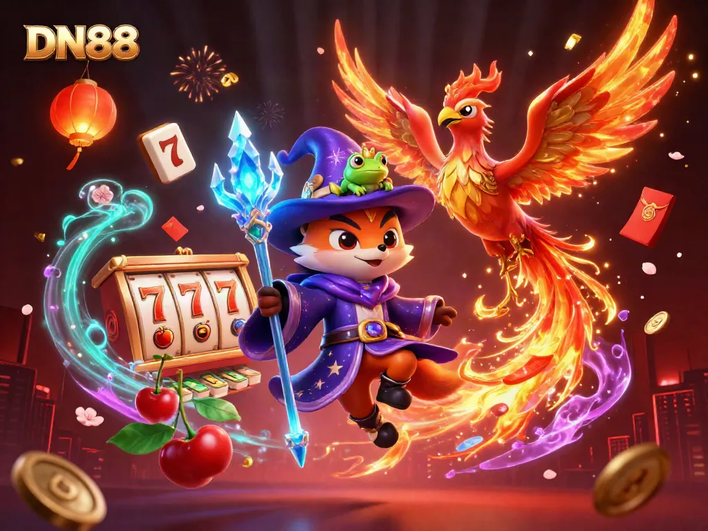 Engage with DN88's thrilling casino adventure featuring vibrant 3D imagery of games and magical characters.