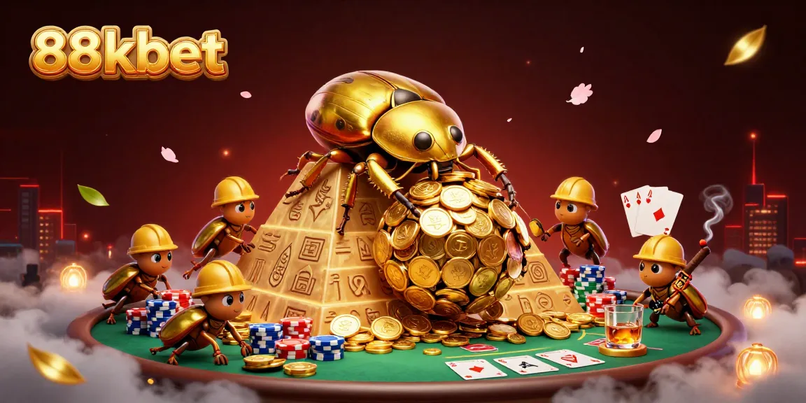 88kbet showcases a cartoon-style beetle rolling gold coins atop a pyramid, surrounded by vibrant poker elements.