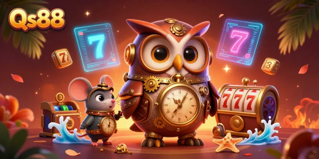 Experience Qs88's exciting slots with a time-traveler owl in a vibrant casino scene.
