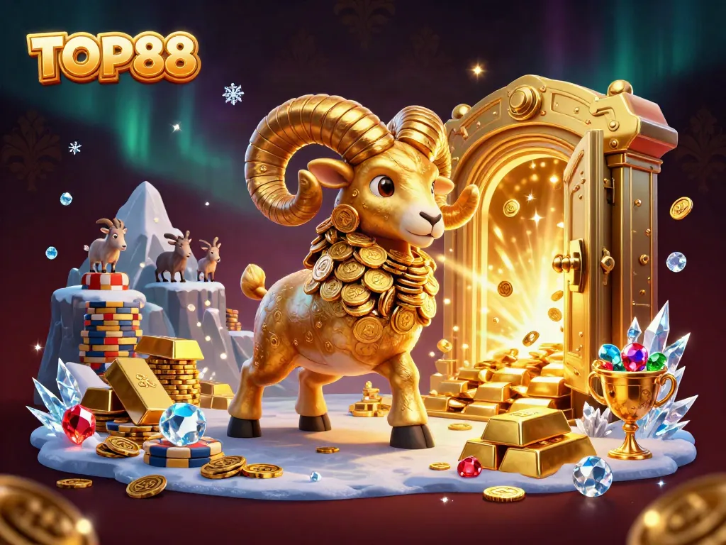 TOP88's vibrant 3D illustration showcases a golden ram dynamic at a casino entrance surrounded by treasures.
