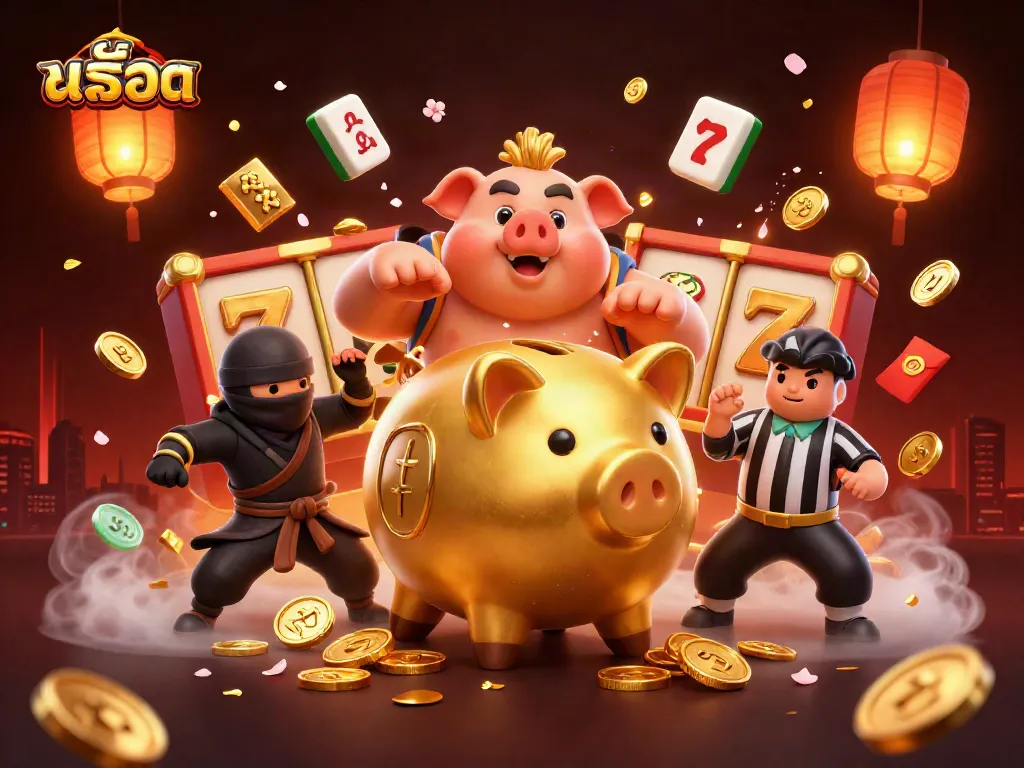 Experience exciting สล็อต action with a colossal piggy bank sumo wrestler amidst dynamic casino elements in this vibrant illustration.