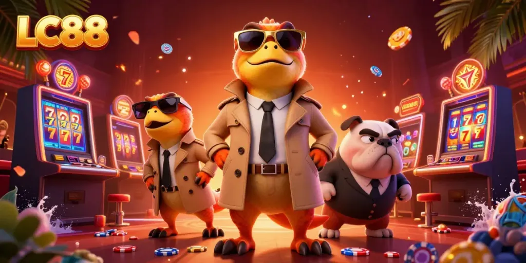 Raptors in a trench coat attempt VIP casino entry at LC88 with colorful slots and players.