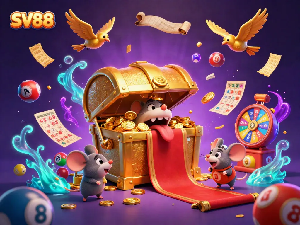 Experience exciting gaming moments with SV88's vibrant 3D treasure chest encounter bursting with lottery fun.