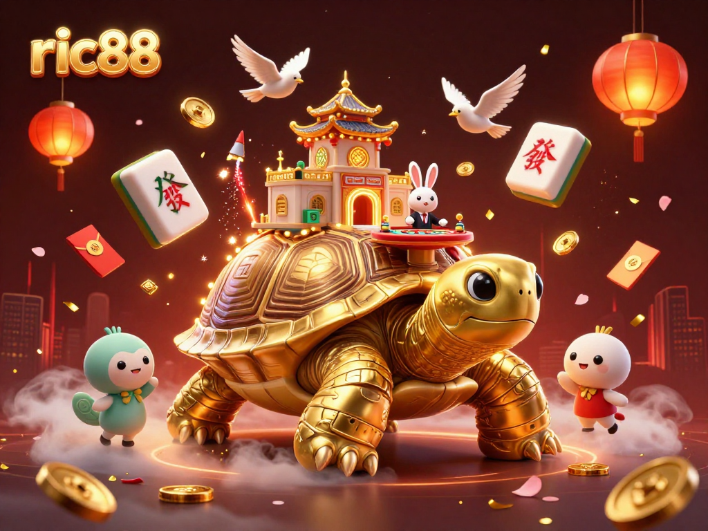 Experience the excitement of ric88 with a vibrant 3D casino scene featuring a golden tortoise and a rabbit dealer.