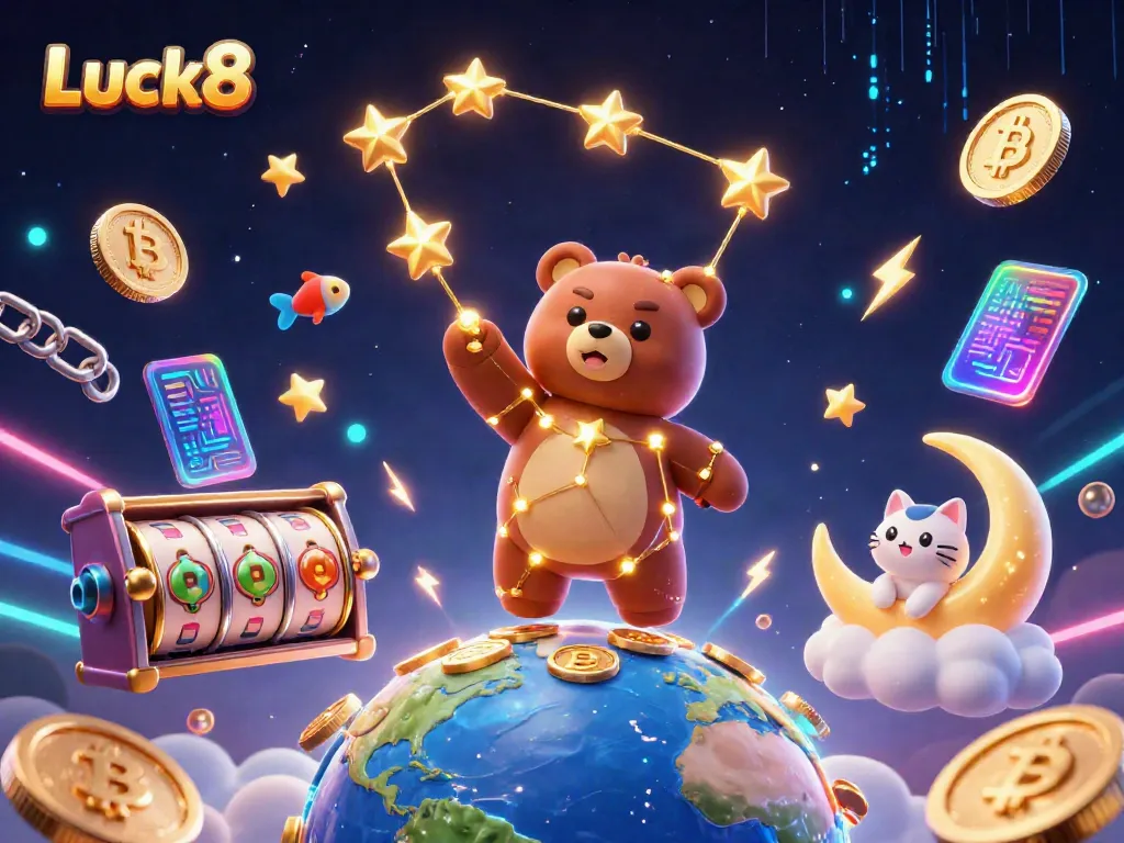 Engage with Luck8's dynamic casino experience featuring neon coins and a celestial theme