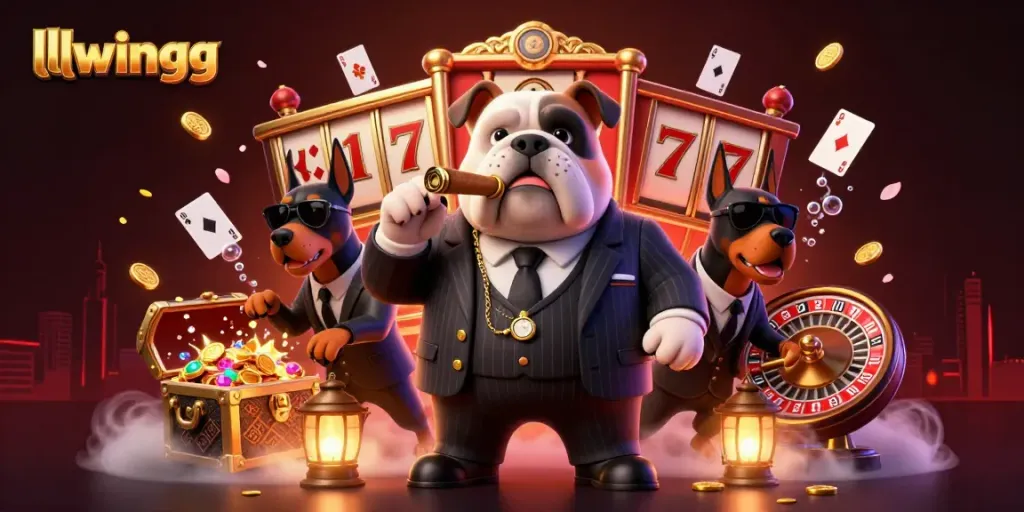 Engage in thrilling gameplay with llwingg while enjoying vibrant slot reels and character action in a sophisticated casino setting.