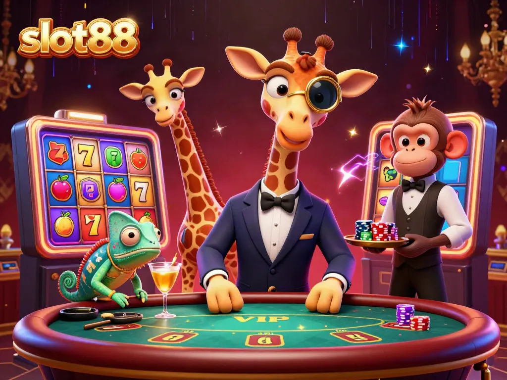 Spin the reels on slot88 with a high-roller giraffe at an extravagant casino.
