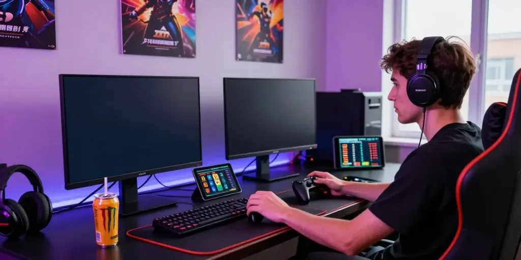 Mantul88 login scene with a player engaging in slot games, showcasing vibrant graphics and real-time data.