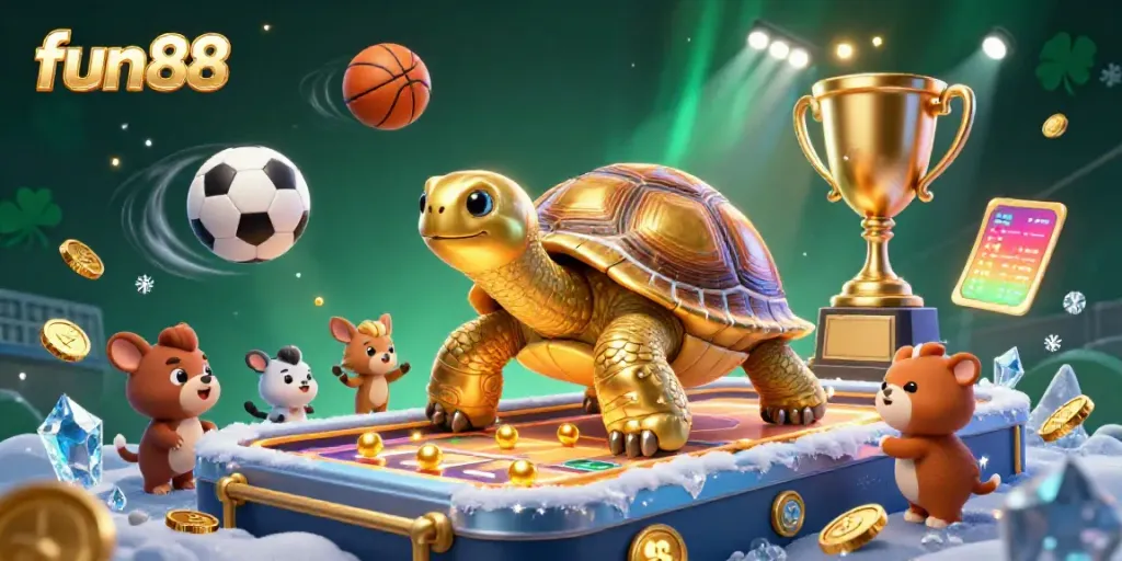 Fun88's vibrant casino scene where a colossal golden tortoise interacts with excited players amidst shimmering gold coins and dynamic sports action.
