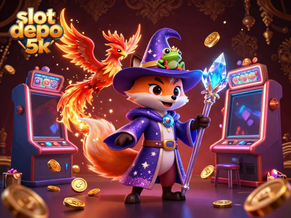 Engage with the thrilling world of slot depo 5k, featuring 3D wizard characters and colorful slot machines.