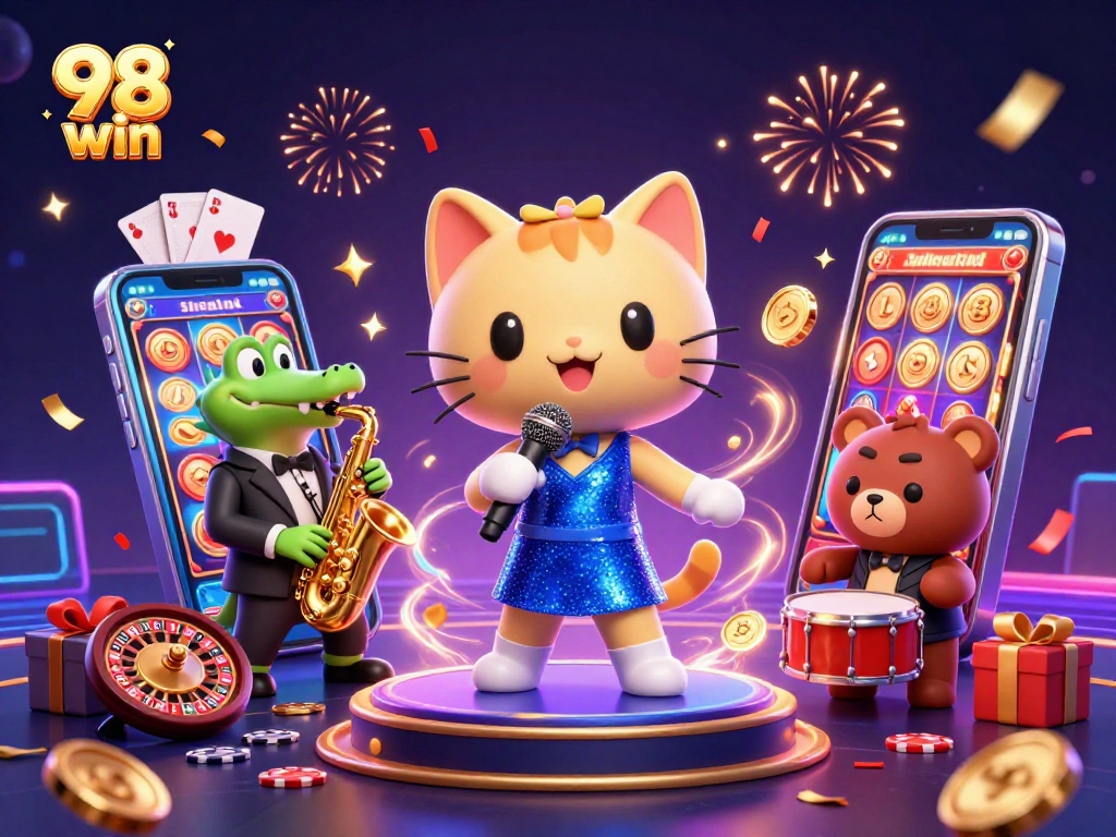 Engage in thrilling gameplay with 98 win at a lively casino featuring a singing cat and jazz tunes.