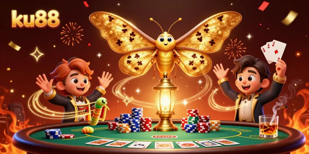 Experience the thrills of ku88 with a vibrant 3D representation of a casino scene featuring animated moths, poker tables, and gleaming gold.