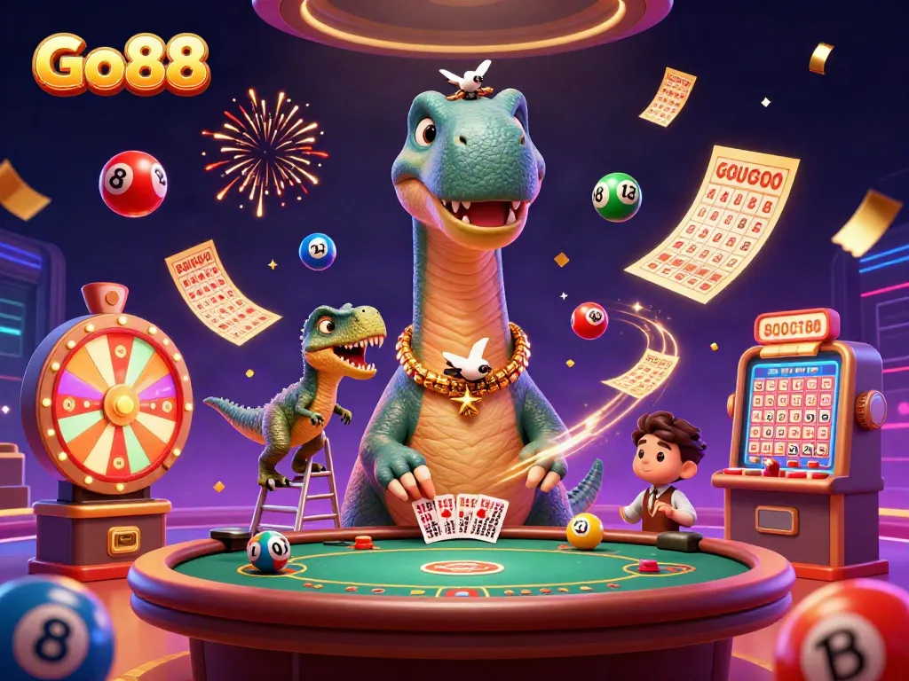 Go88 features a giant brontosaurus overseeing a lively poker scene with colorful lottery balls.