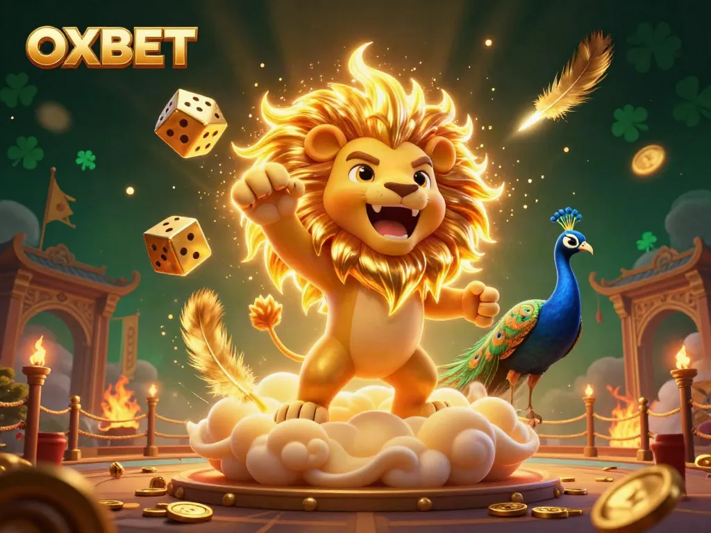 Join the fun at OXBET with a thrilling 3D casino scene featuring a roaring lion, golden dice, and vibrant gaming elements.