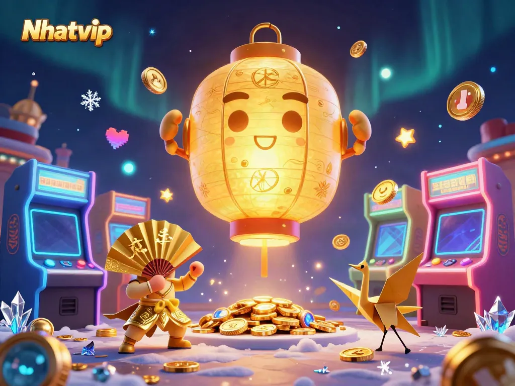 Nhatvip brings luck with a golden lantern spirit and dynamic casino elements in a vibrant scene.