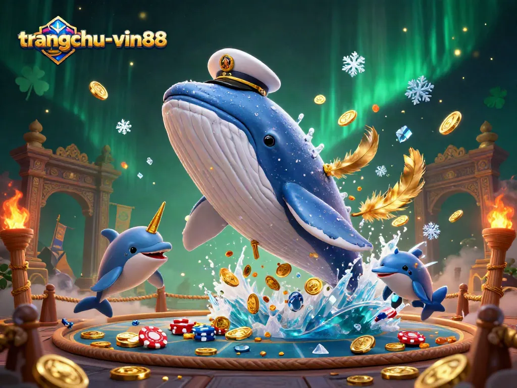 Experience the thrill of winning at trangchu-vin88 with playful dolphins juggling poker chips.