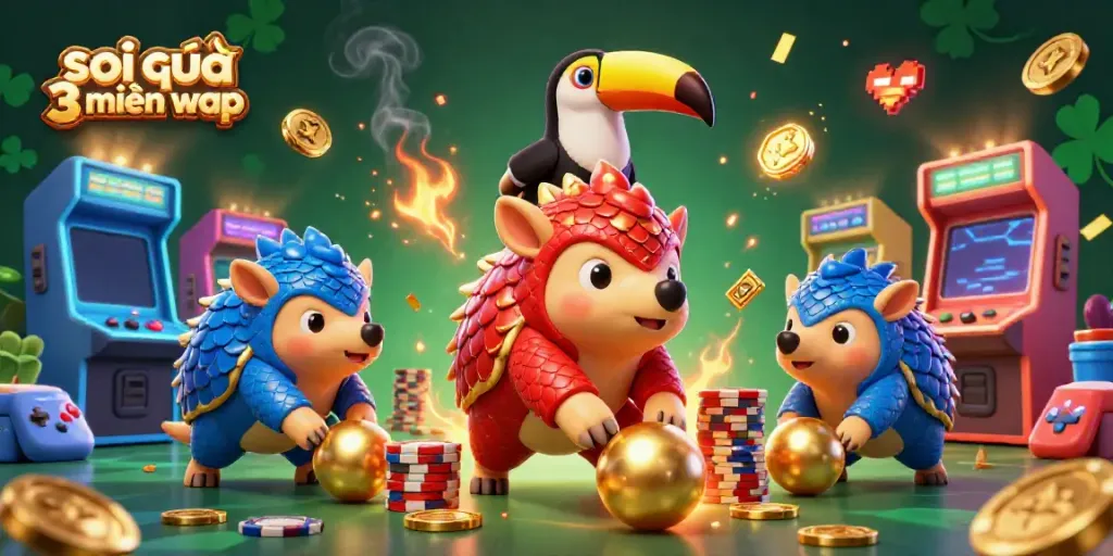 Experience thrilling gameplay with soi cầu 3 miền wap in this vibrant 3D scene of pangolins bowling through poker chips.