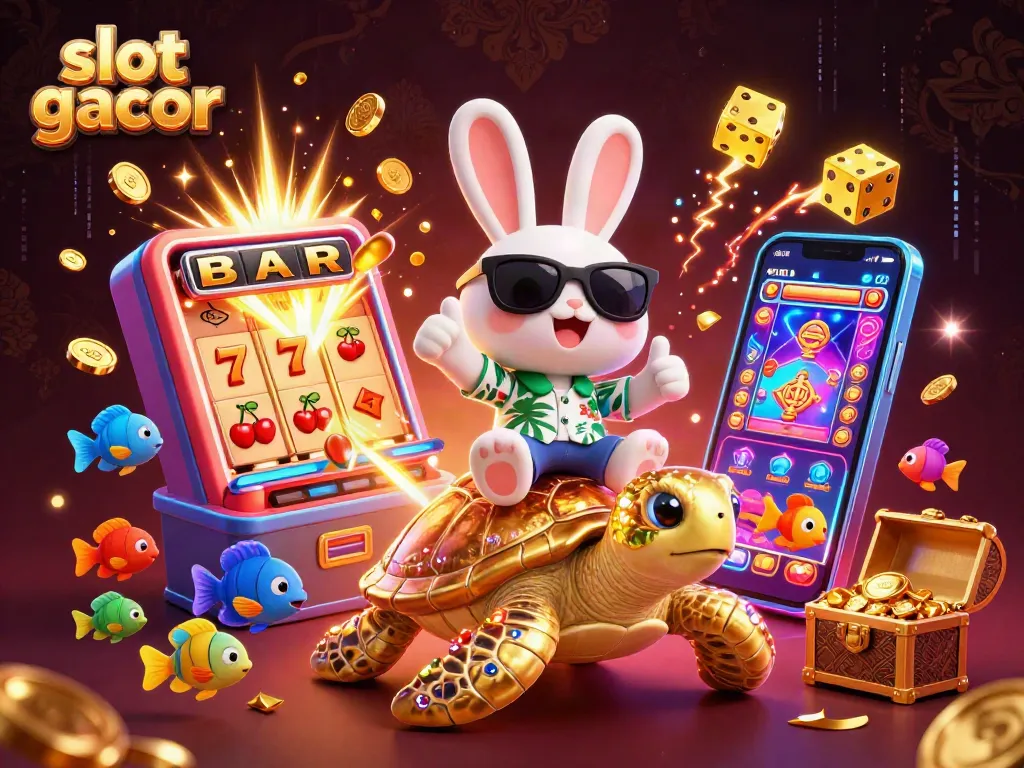 Experience thrilling wins with slot gacor, featuring a lucky rabbit and a golden sea turtle amidst vibrant casino elements.