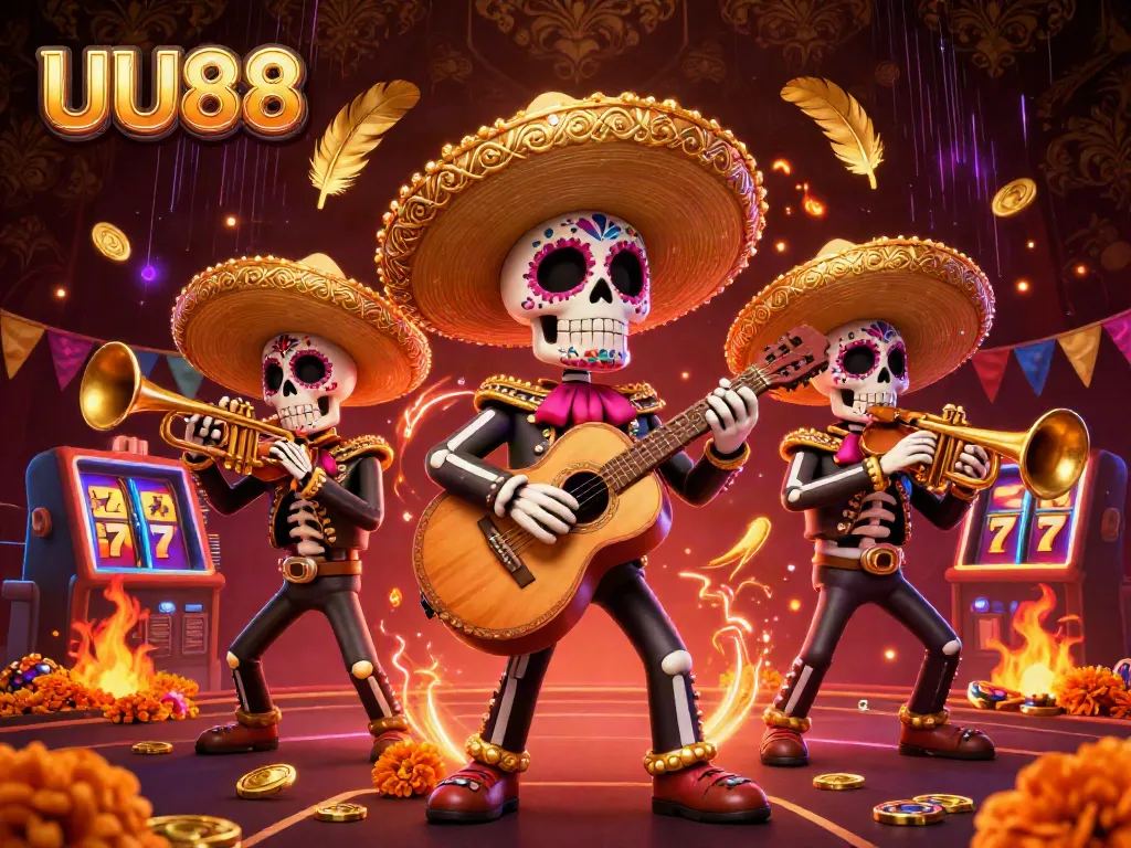 Experience the excitement of UU88 with skeleton mariachi performers over vibrant casino elements.