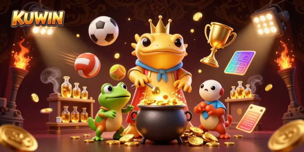 KUWIN's vibrant casino scene showcasing golden salamander alchemist and dynamic sports elements.