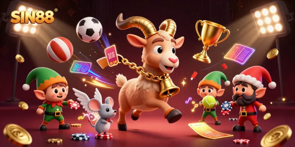 Experience the excitement of SIN88 with a festive casino scene featuring lively characters and dramatic sports elements.