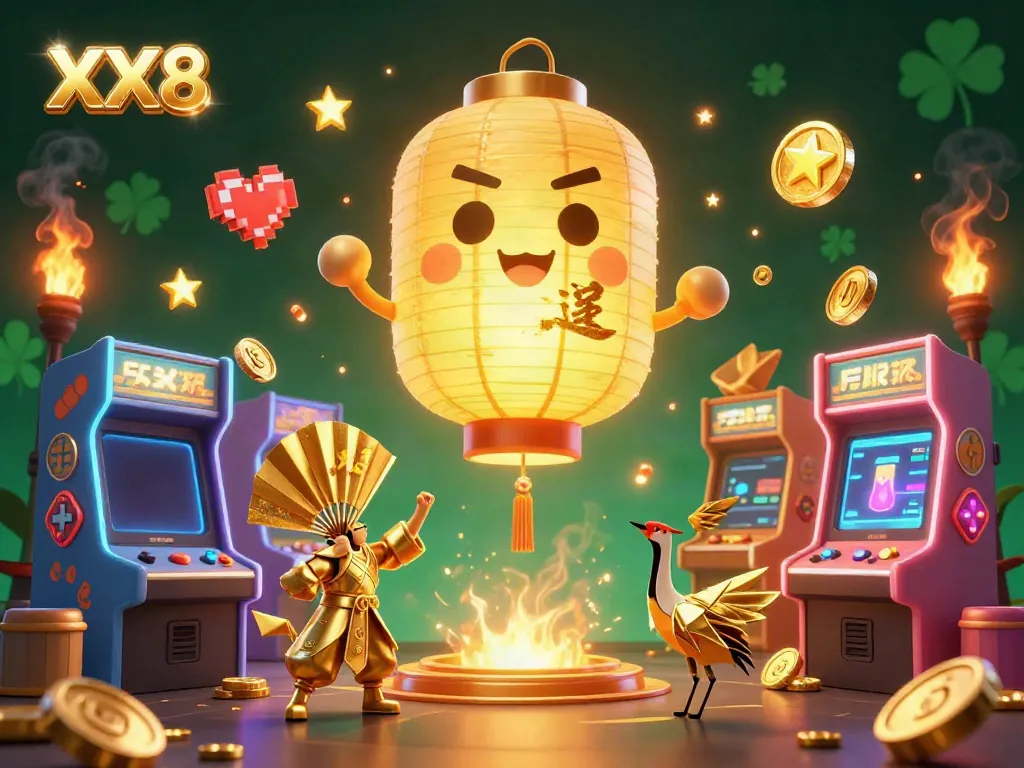 Engage with XX8's magical gambling world, featuring a golden lantern spirit and colorful arcade elements.