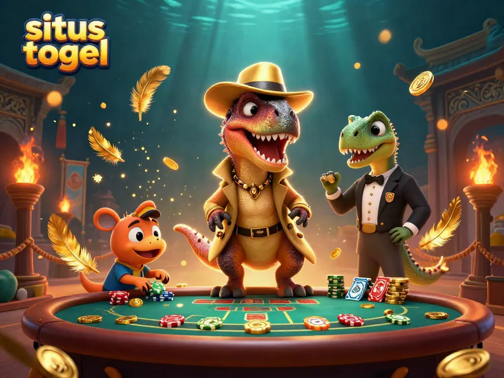 Engage with situs togel through a vibrant cartoon illustration of a velociraptor at a blackjack table.