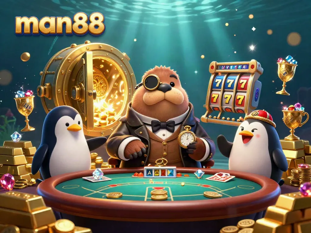 Experience thrilling poker action at man88 with a walrus and friends in a vibrant underwater scene.