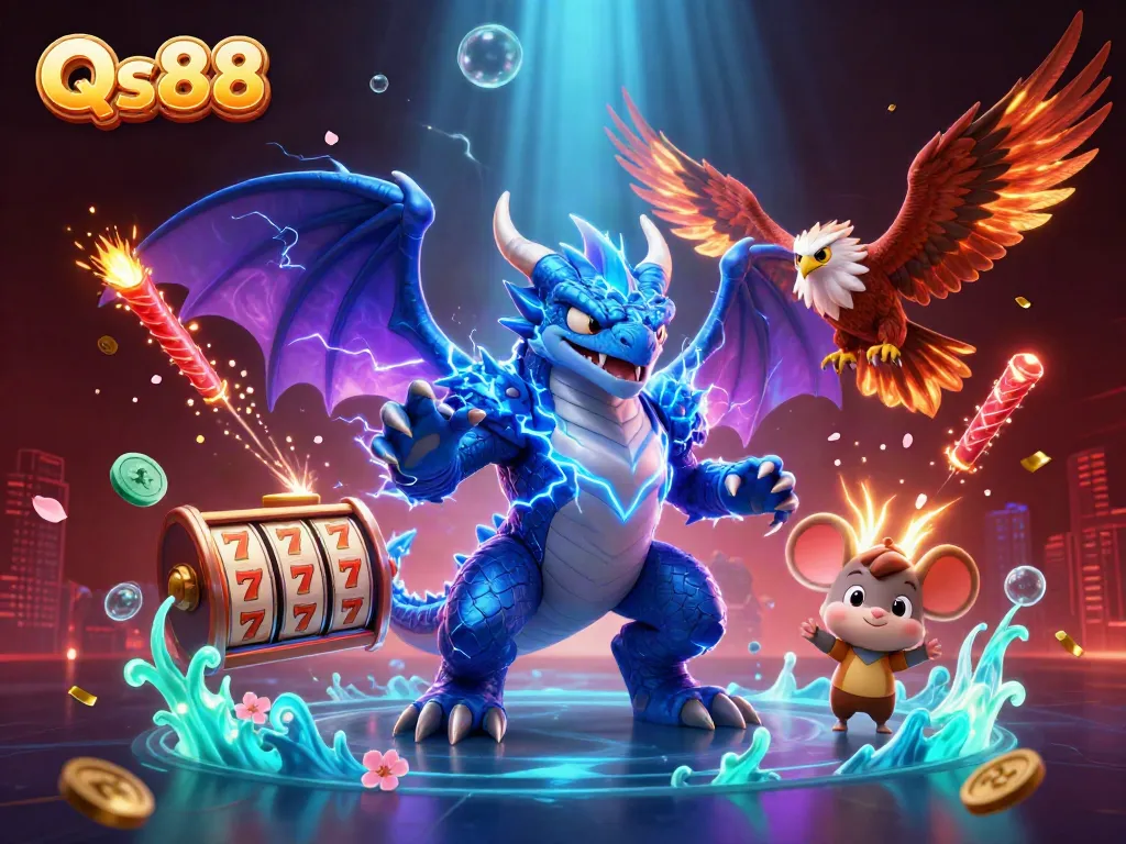 Experience thrilling gameplay at Qs88 with dynamic characters and vibrant slot reels in a festive casino scene.