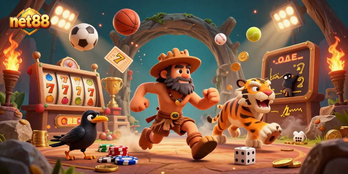 Experience thrilling gameplay at net88, featuring a vibrant casino scene with iconic slot symbols and dynamic sports action.