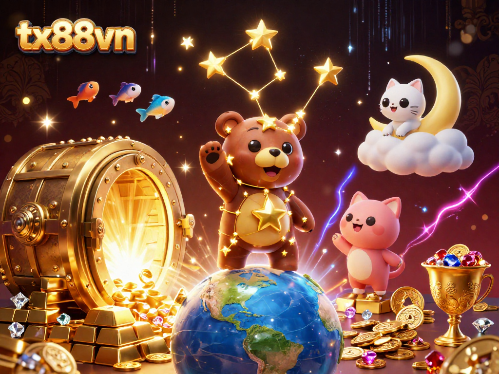 Experience the magic of tx88vn with dazzling treasures and whimsical characters in this vibrant 3D scene.