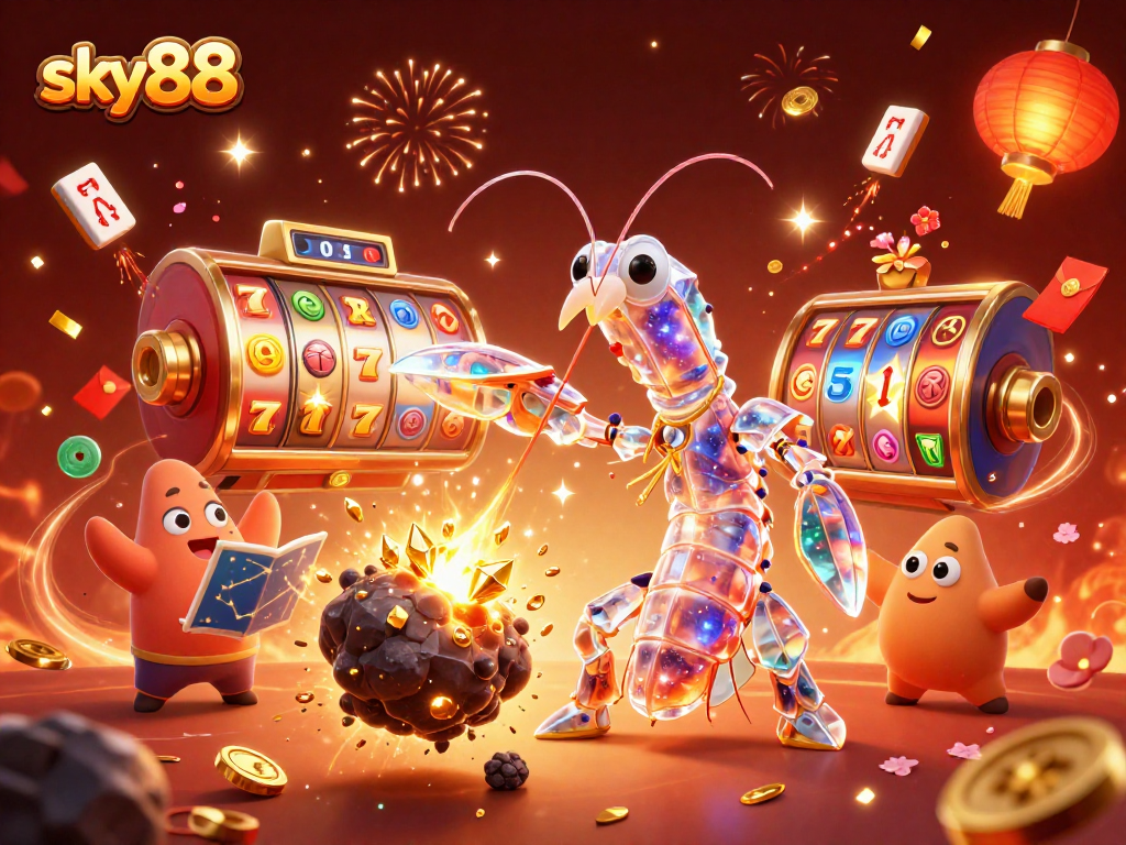 Experience the excitement of sky88 with a vibrant 3D illustration featuring dynamic casino elements.