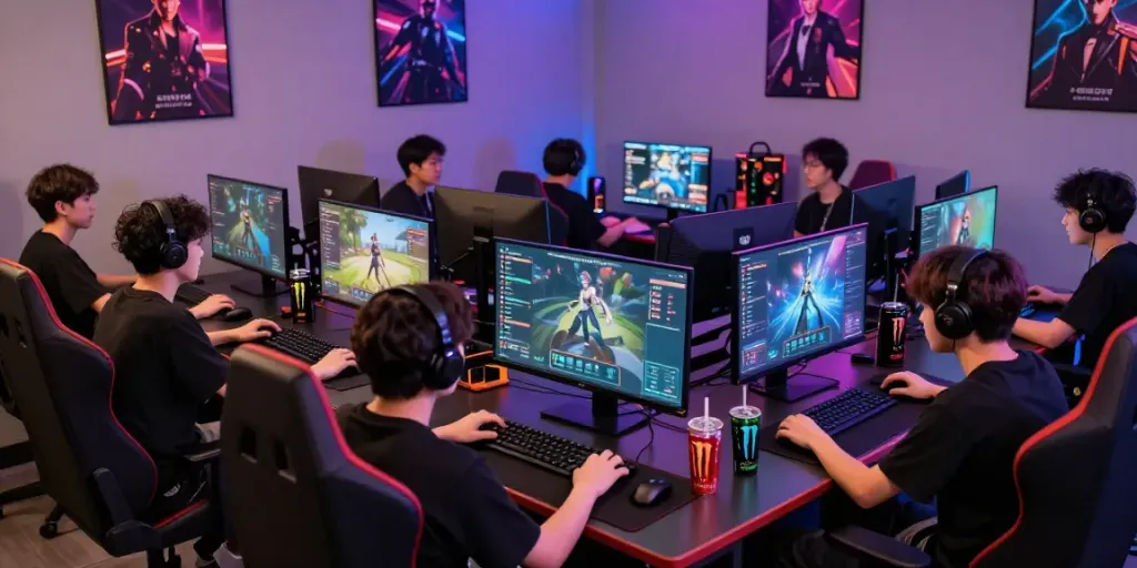 Engaged players at kilat404 gaming lounge immersed in multiplayer games.