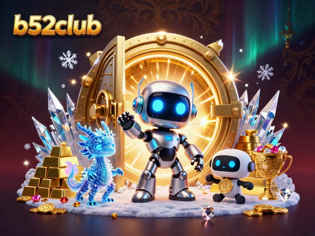 Win big with b52club, featuring a cyberpunk robot and a digital dragon in a vibrant casino setting.