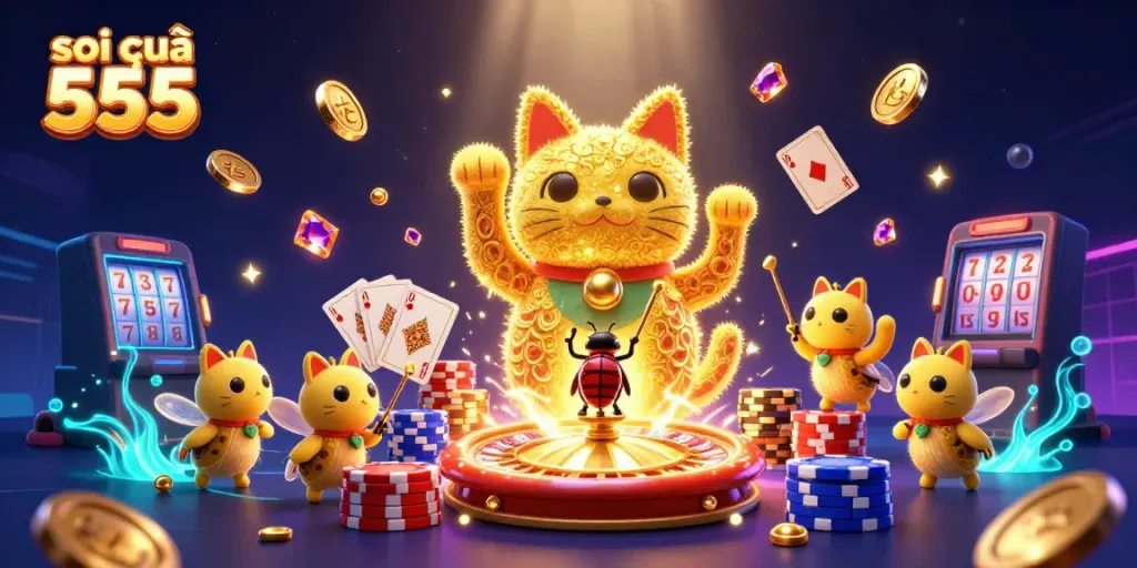 Play and win using soi cầu 555 with a vibrant lucky cat and casino symbols.