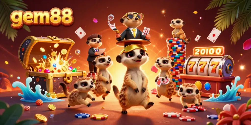 Experience gem88's lively casino scene with meerkats managing games and treasures!