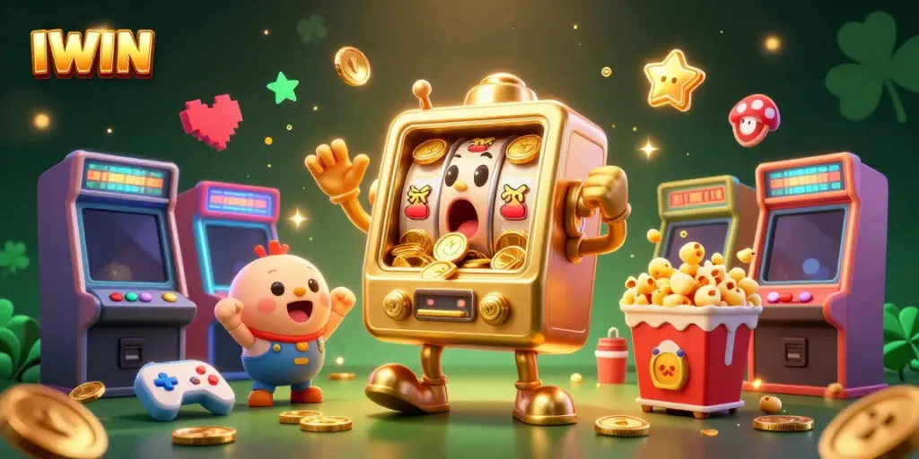 IWIN's animated golden slot machine celebrates a jackpot win with coins spilling, enhancing excitement in this vibrant casino scene.