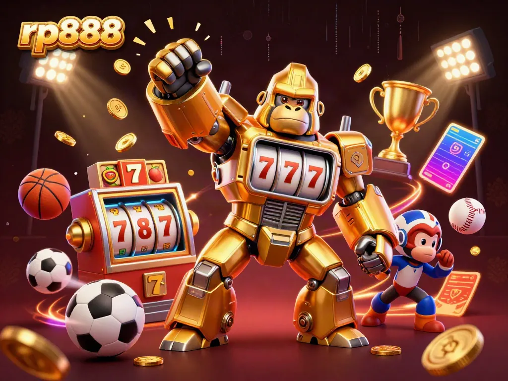 Experience exciting gameplay with rp888's golden gorilla mech and slot elements in a dynamic casino scene.