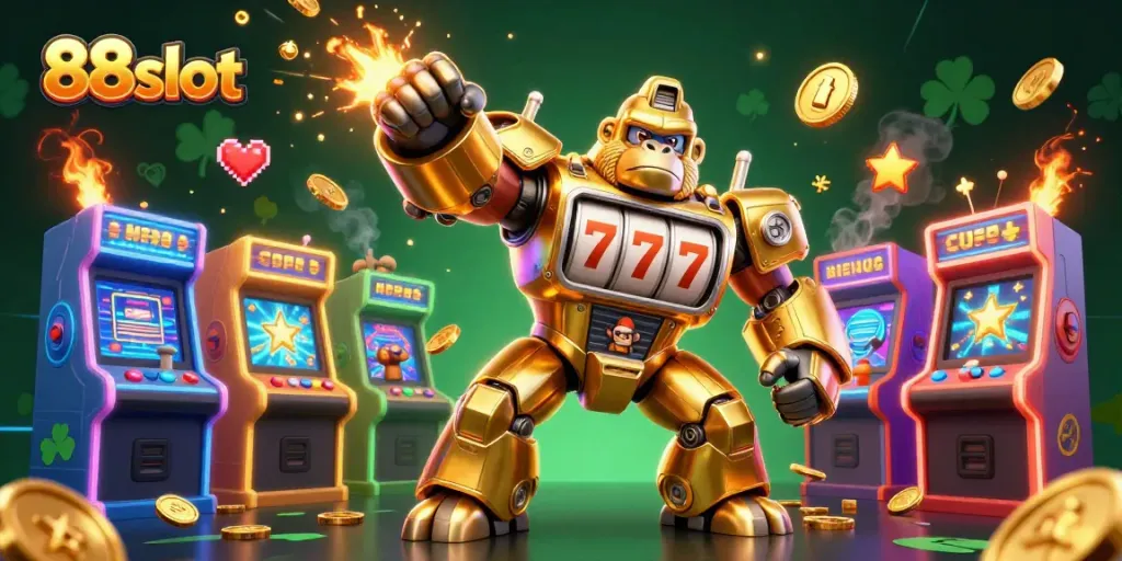 Experience the thrilling world of 88slot with a dynamic 3D golden gorilla mech and vibrant casino elements.