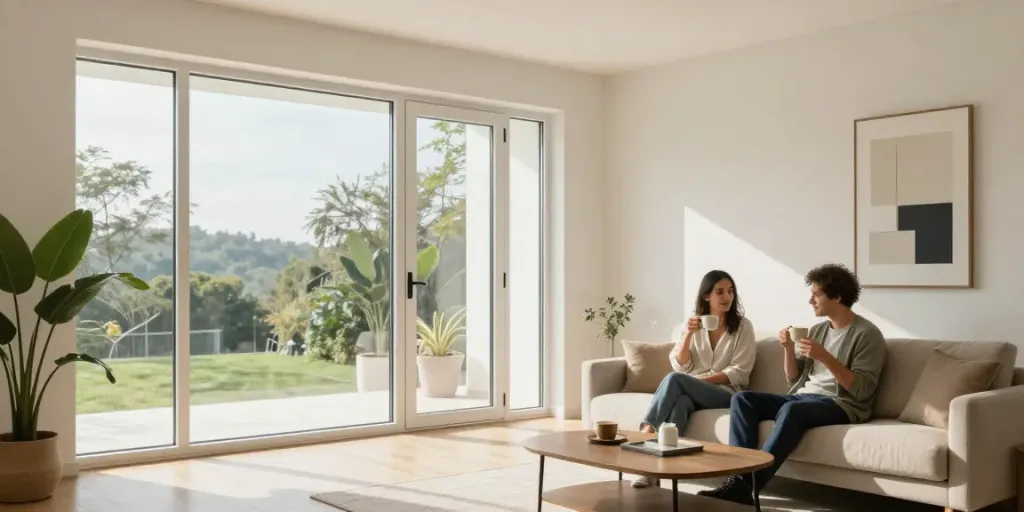 Bright living room showcasing Conch uPVC windows with natural light illuminating stylish decor.