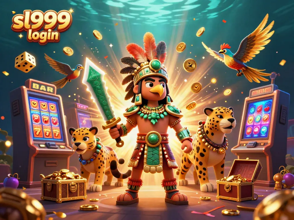Experience winning big with sl999 login, featuring vibrant slot symbols and dynamic casino characters.