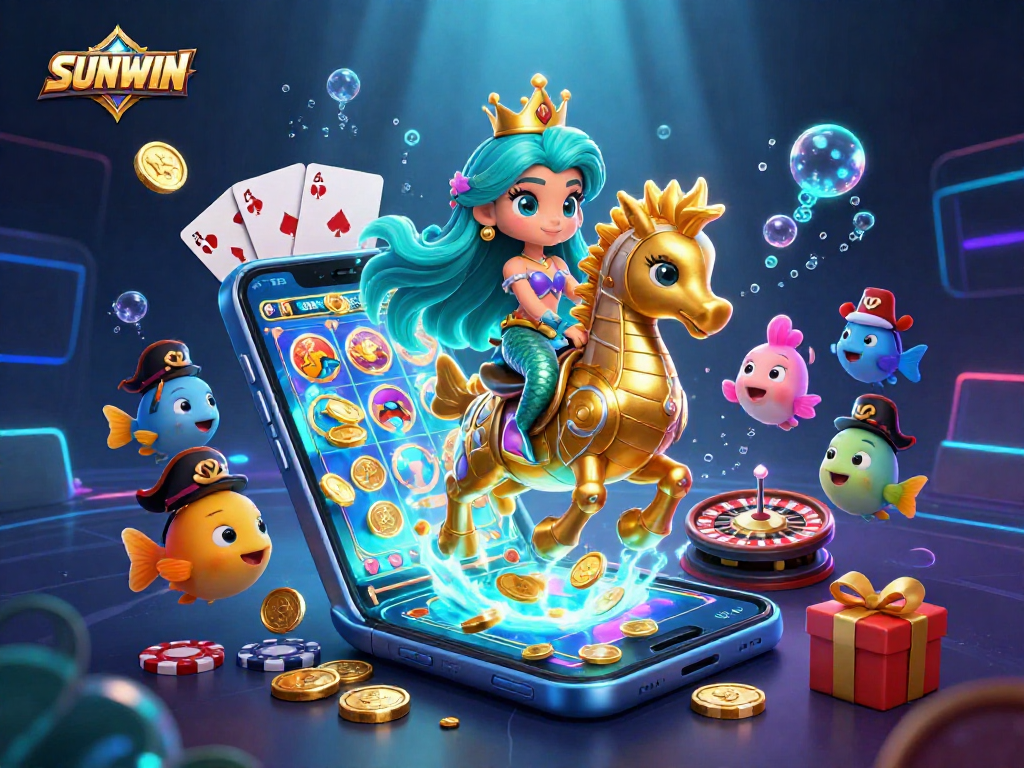 SUNWIN players spin vibrant slot games with a colorful mermaid and seahorse for fun and excitement.