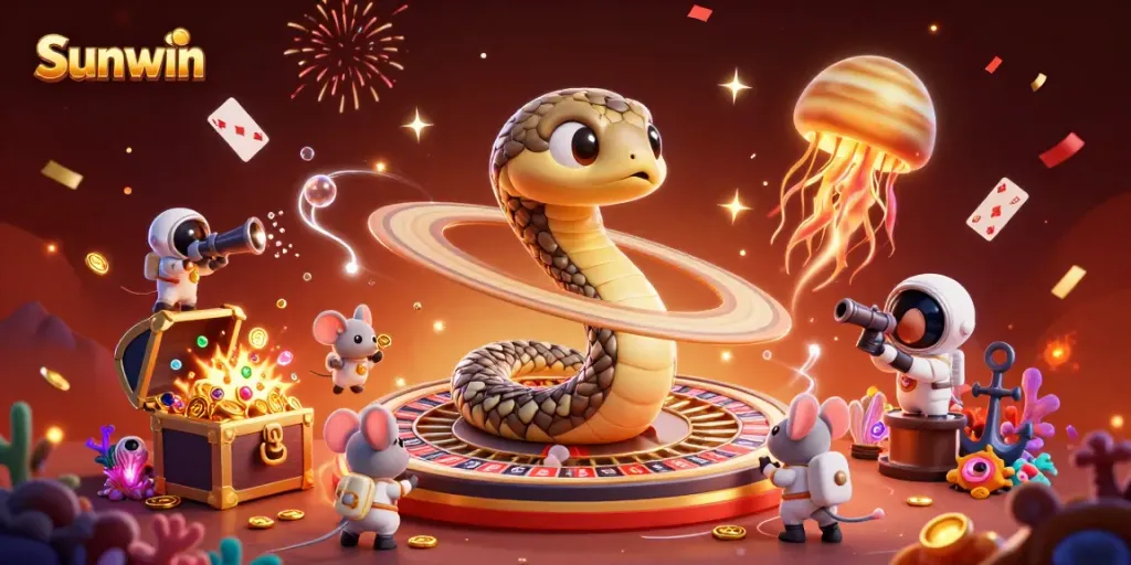 Experience thrilling gaming moments at Sunwin with a cosmic casino scene, featuring unique cartoon characters.