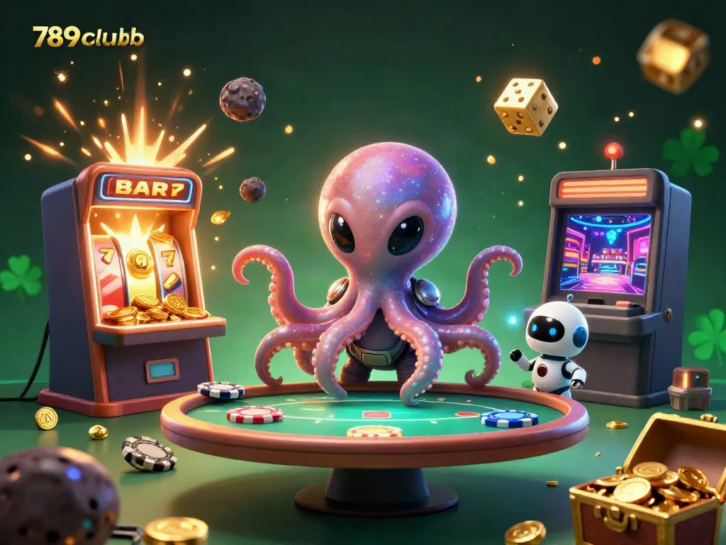 Engage in thrilling gameplay at 789clubb with an alien octopus at a holographic poker table.