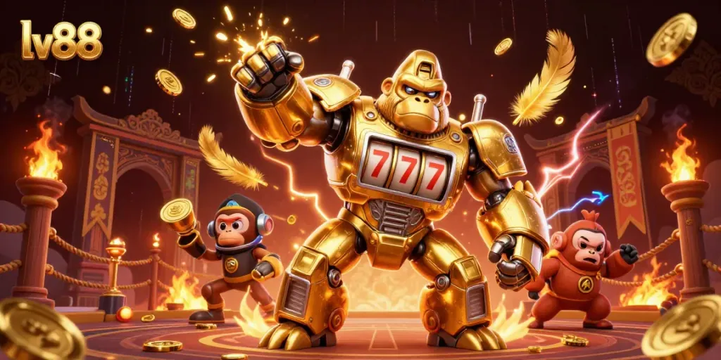 Experience the thrill of lv88 with a dynamic golden gorilla mech and exciting casino elements.