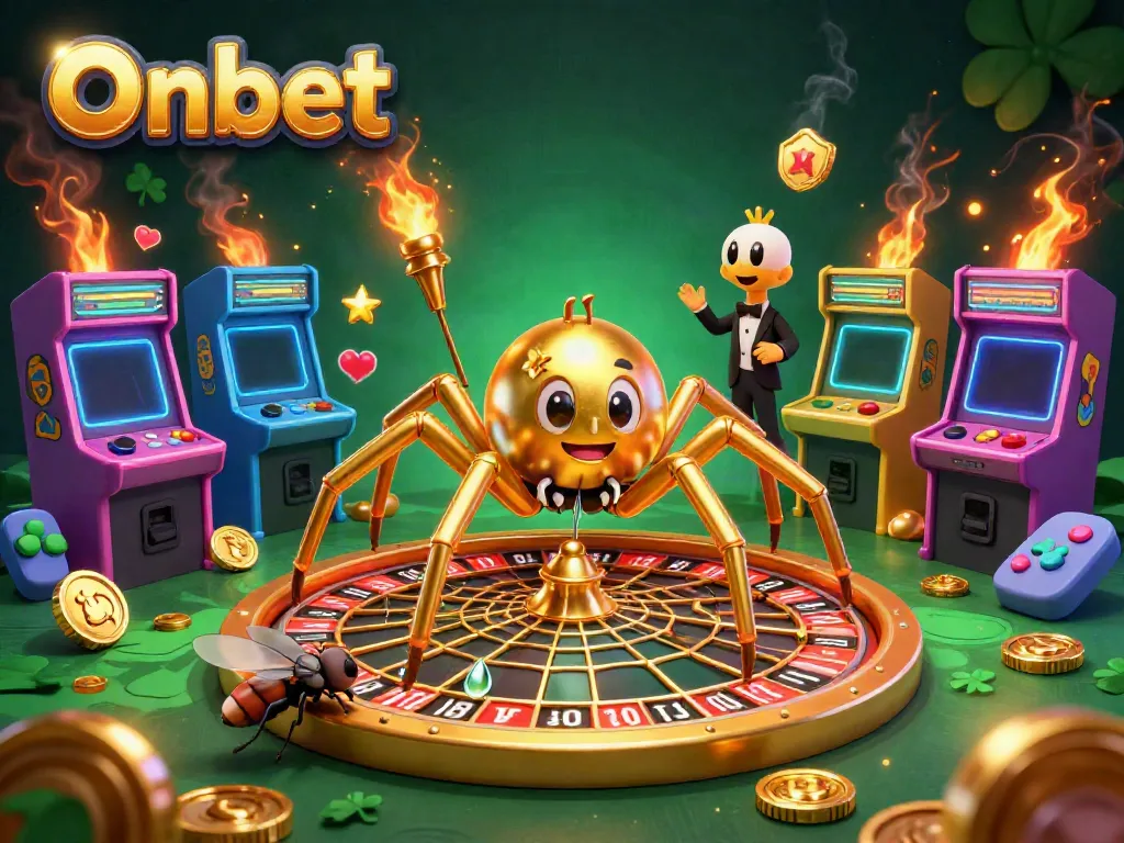 Engage with Onbet's exciting casino adventure featuring a golden spider and colorful arcade.